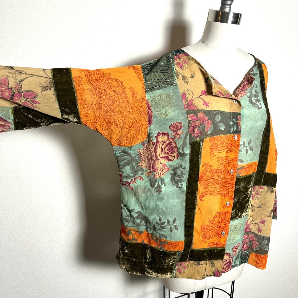 Vintage Multicolor Patchwork Velvet Chiffon Floral Paisley Shirt Women Size XL - Picture 5 of 6